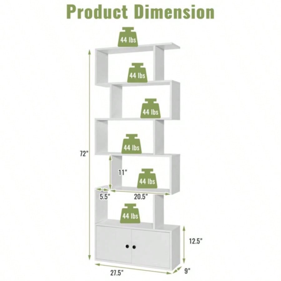 6 - Tier Geometric Bookcase with Cabinet and Door - White