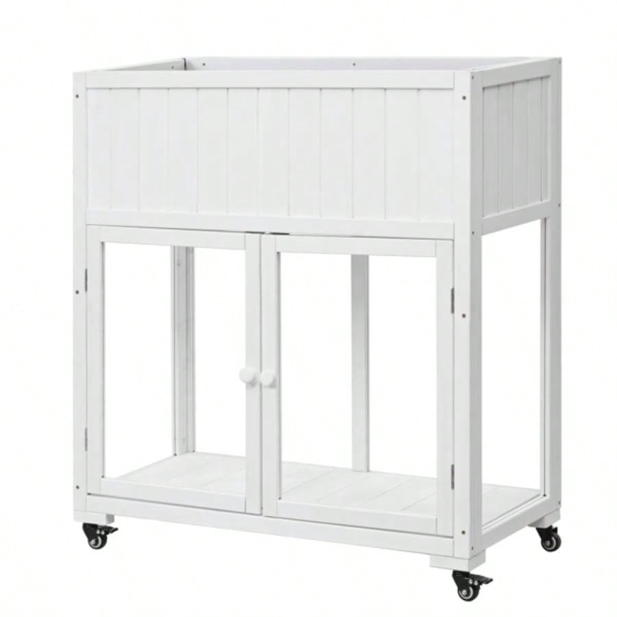 35.439; 39; 17.39; 39; 37.439; 39; Wood Cold Frame, Compact 2 Doors Garden Greenhouse with Wheels, Raised Bed with Liner Indoor Outdoor Use, White