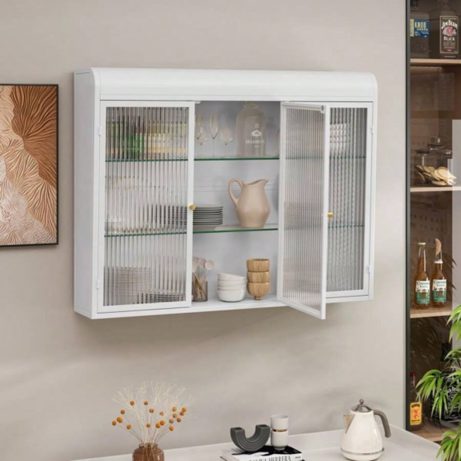 3 Door Arched Wall Mounted Glass Cabinets Kitchen, Living Room and BathroomWhite