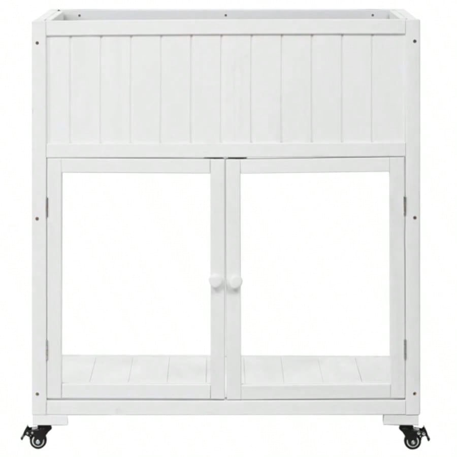 35.439; 39; 17.39; 39; 37.439; 39; Wood Cold Frame, Compact 2 Doors Garden Greenhouse with Wheels, Raised Bed with Liner Indoor Outdoor Use, White
