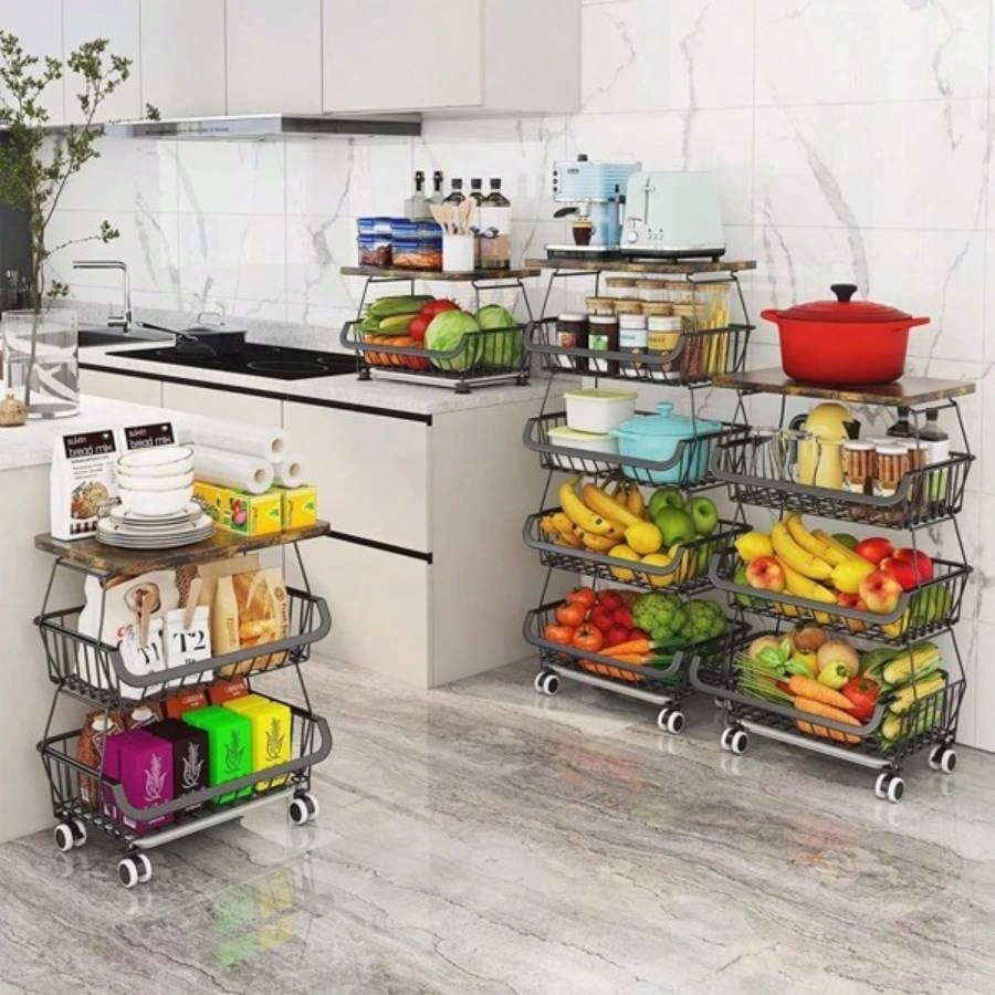 4 Tier Fruit Storage Basket, Fruit Vegetable Cart with Solid Wood, Kitchen Storage Rack with Rollers Pantry
