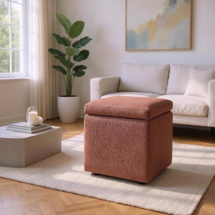 Brown Linen - Textured Storage Ottoman with Black Rubber Feet - Compact Square with Hidden Storage, 42215; 42215; 44cm