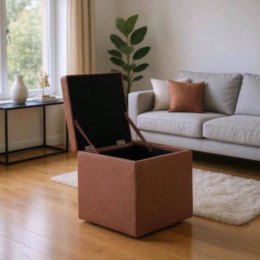Brown Linen - Textured Storage Ottoman with Black Rubber Feet - Compact Square with Hidden Storage, 42215; 42215; 44cm
