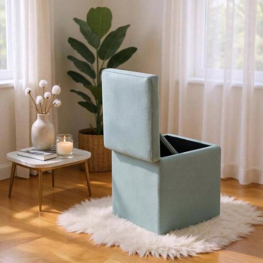 Gray Linen - Textured Storage Ottoman with Black Rubber Feet - Compact Square with Hidden Storage, 42215; 42215; 44cm