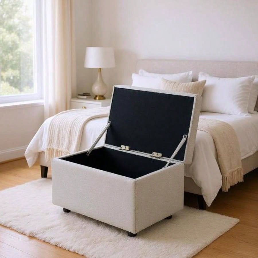 Light Gray Linen - Textured Storage Ottoman with Rubber Feet - 63215; 43215; 43cm Entryway, Bedroom or Living Room
