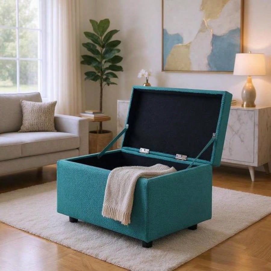 Blue Linen - Textured Storage Ottoman with Rubber Feet - 63215; 43215; 43cm Entryway, Bedroom or Living Room
