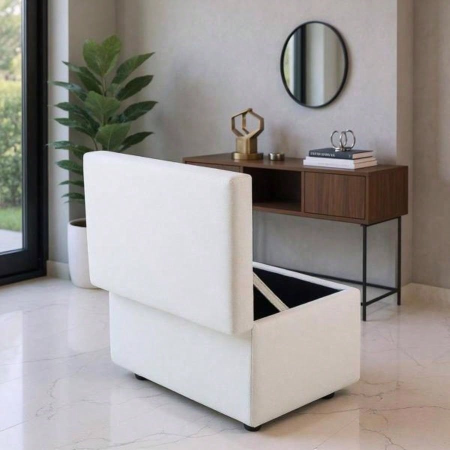 Beige Linen - Textured Storage Ottoman with Rubber Feet - 63215; 43215; 43cm Entryway, Bedroom or Living Room
