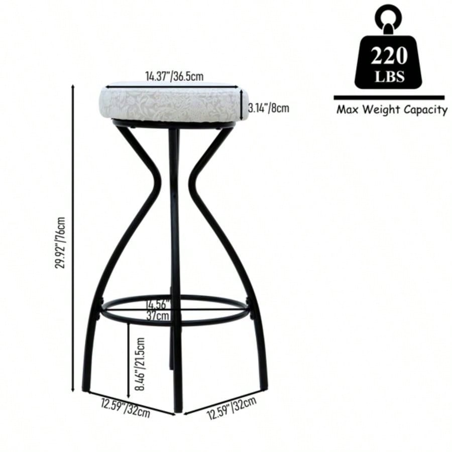 2939; 39; Floral Print Counter Height Bar Stool with Footrest Set of 2 Upholstered Round Barstools Kitchen Dining Room Black White Print