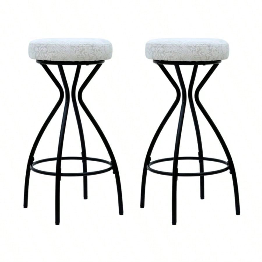 2939; 39; Floral Print Counter Height Bar Stool with Footrest Set of 2 Upholstered Round Barstools Kitchen Dining Room Black White Print