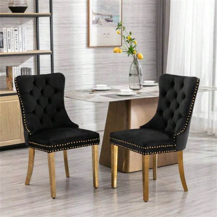 Furniture, Modern, High - end Tufted Solid Wood Contemporary Velvet Upholstered Dining Chair with Golden Stainless Steel Plating, Nailhead Trim, Set of 2 Black and Gold, SW1601BK