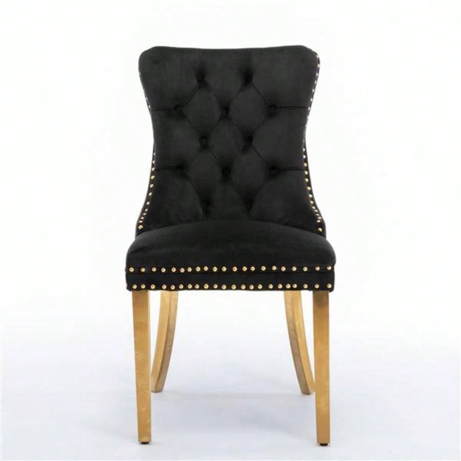 Furniture, Modern, High - end Tufted Solid Wood Contemporary Velvet Upholstered Dining Chair with Golden Stainless Steel Plating, Nailhead Trim, Set of 2 Black and Gold, SW1601BK
