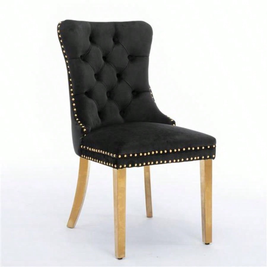 Furniture, Modern, High - end Tufted Solid Wood Contemporary Velvet Upholstered Dining Chair with Golden Stainless Steel Plating, Nailhead Trim, Set of 2 Black and Gold, SW1601BK