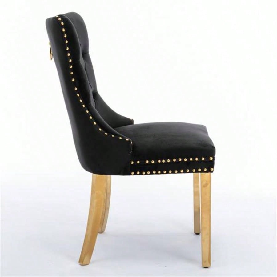 Furniture, Modern, High - end Tufted Solid Wood Contemporary Velvet Upholstered Dining Chair with Golden Stainless Steel Plating, Nailhead Trim, Set of 2 Black and Gold, SW1601BK