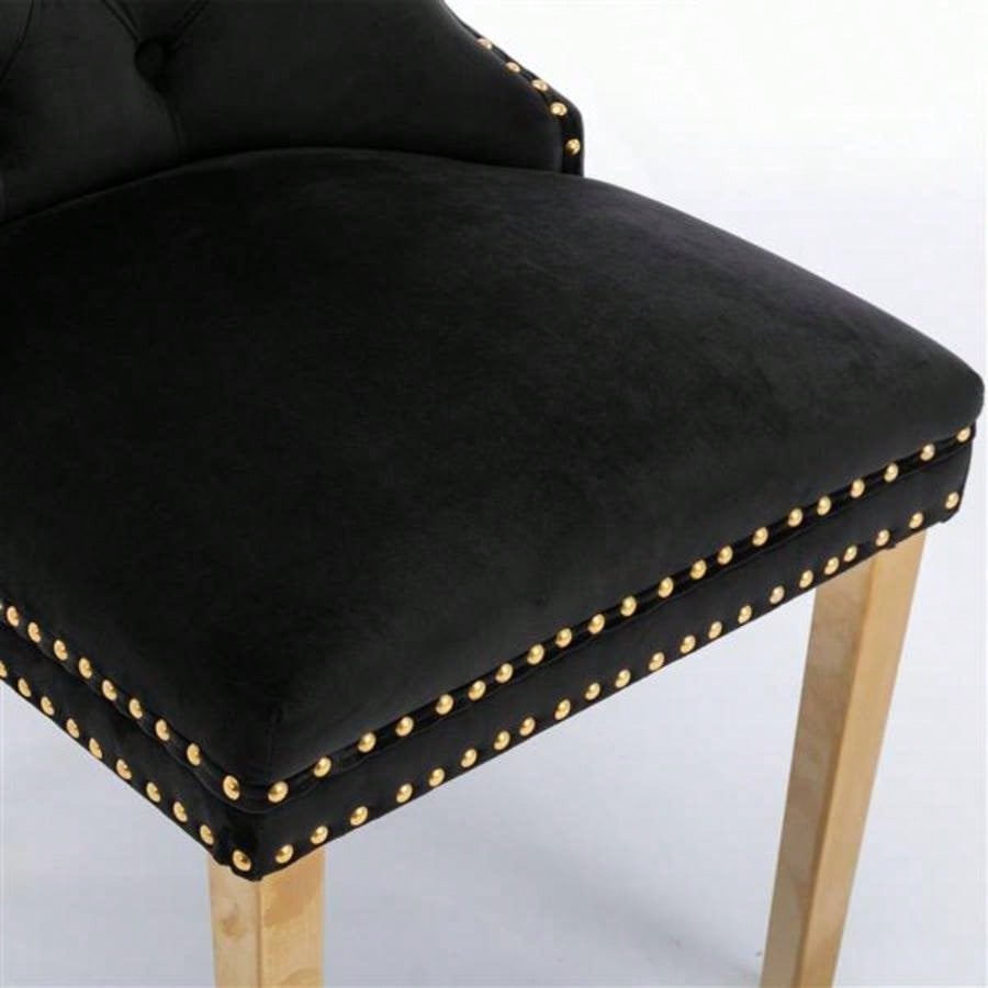 Furniture, Modern, High - end Tufted Solid Wood Contemporary Velvet Upholstered Dining Chair with Golden Stainless Steel Plating, Nailhead Trim, Set of 2 Black and Gold, SW1601BK
