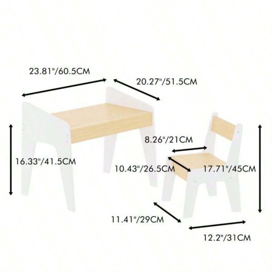 Kids Table Set with One Chair, Wooden Children Study Table, 2 - 8 Age Kids Funiture, White+Natural