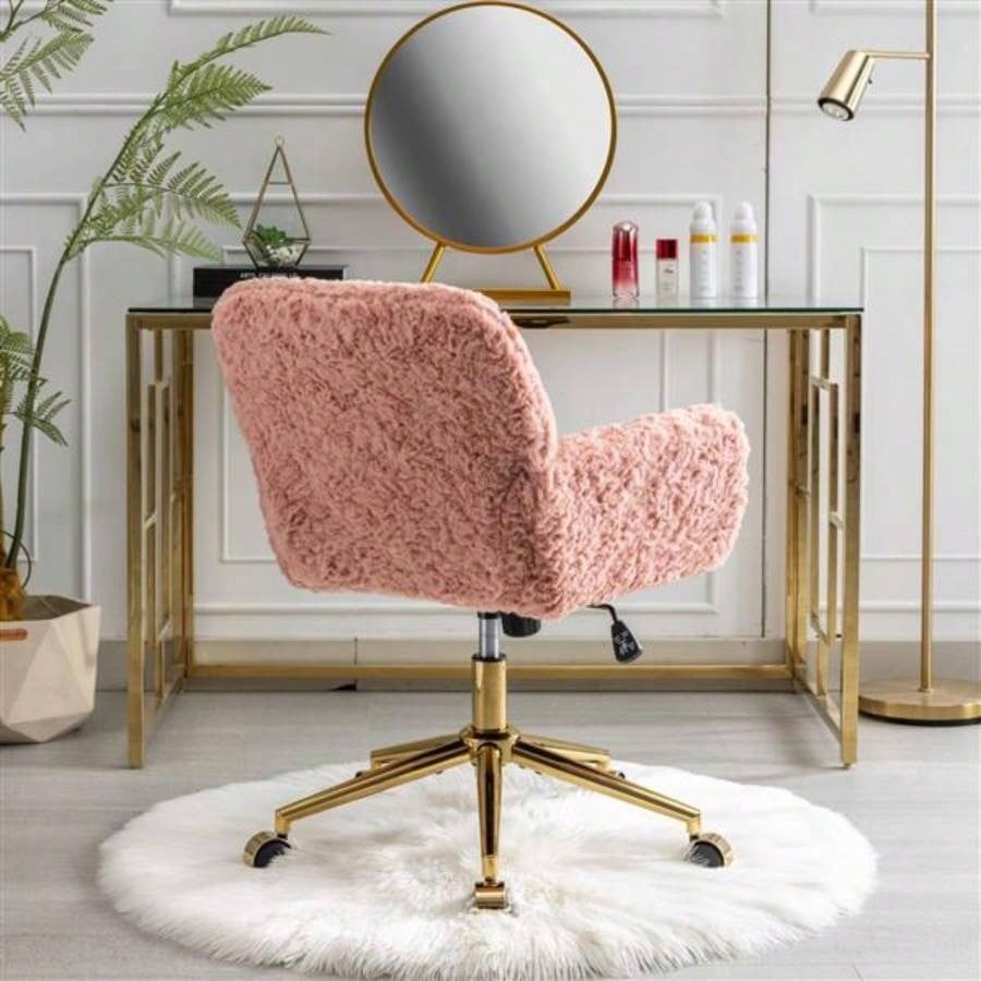 Furniture Office Chair, Artificial rabbit hair Home Office Chair with Golden Metal Base, Adjustable Desk Chair Swivel Office Chair, Vanity ChairPink