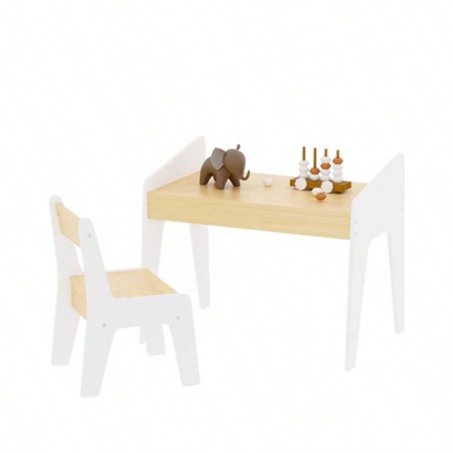 Kids Table Set with One Chair, Wooden Children Study Table, 2 - 8 Age Kids Funiture, White+Natural