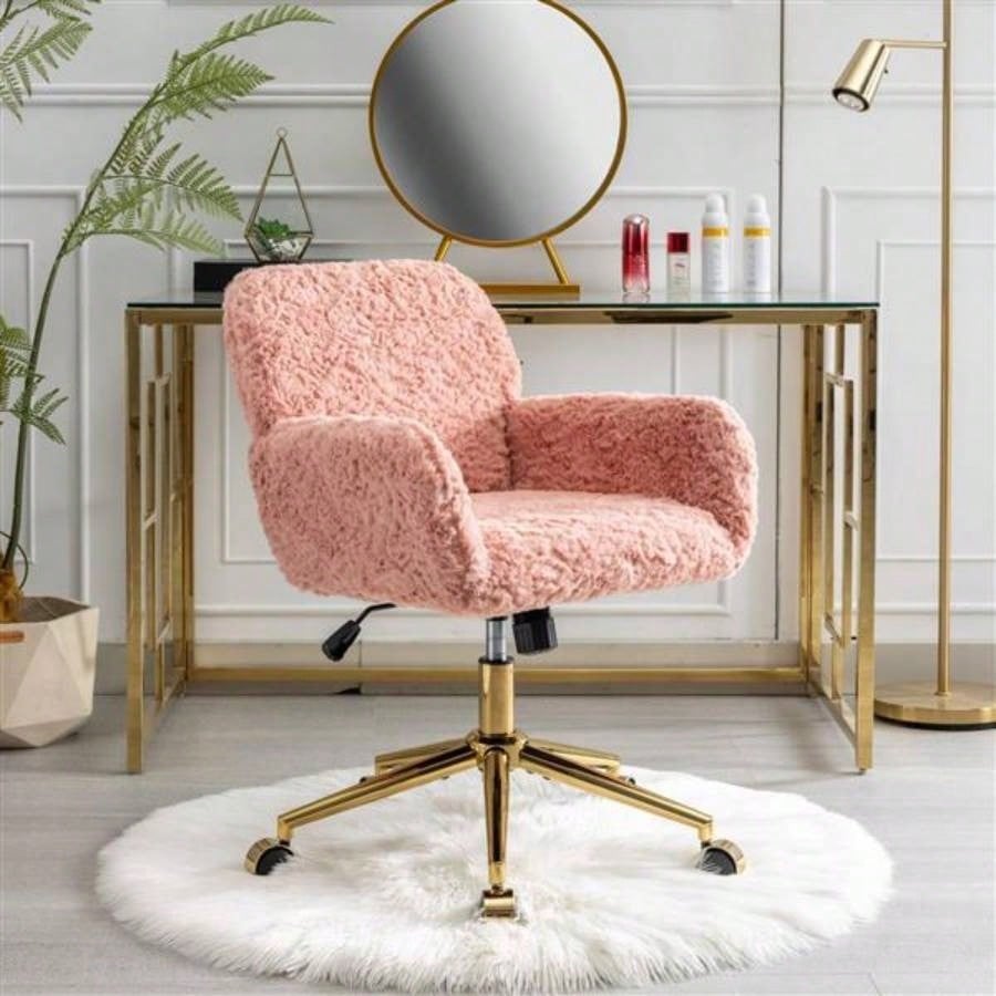 Furniture Office Chair, Artificial rabbit hair Home Office Chair with Golden Metal Base, Adjustable Desk Chair Swivel Office Chair, Vanity ChairPink