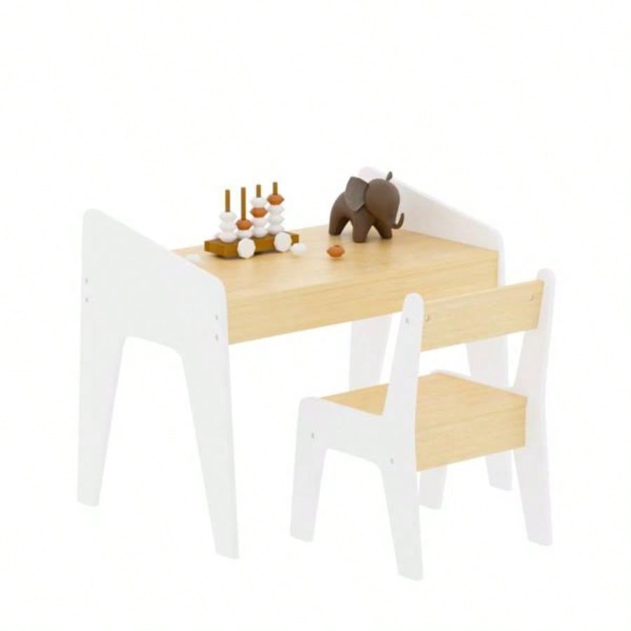Kids Table Set with One Chair, Wooden Children Study Table, 2 - 8 Age Kids Funiture, White+Natural