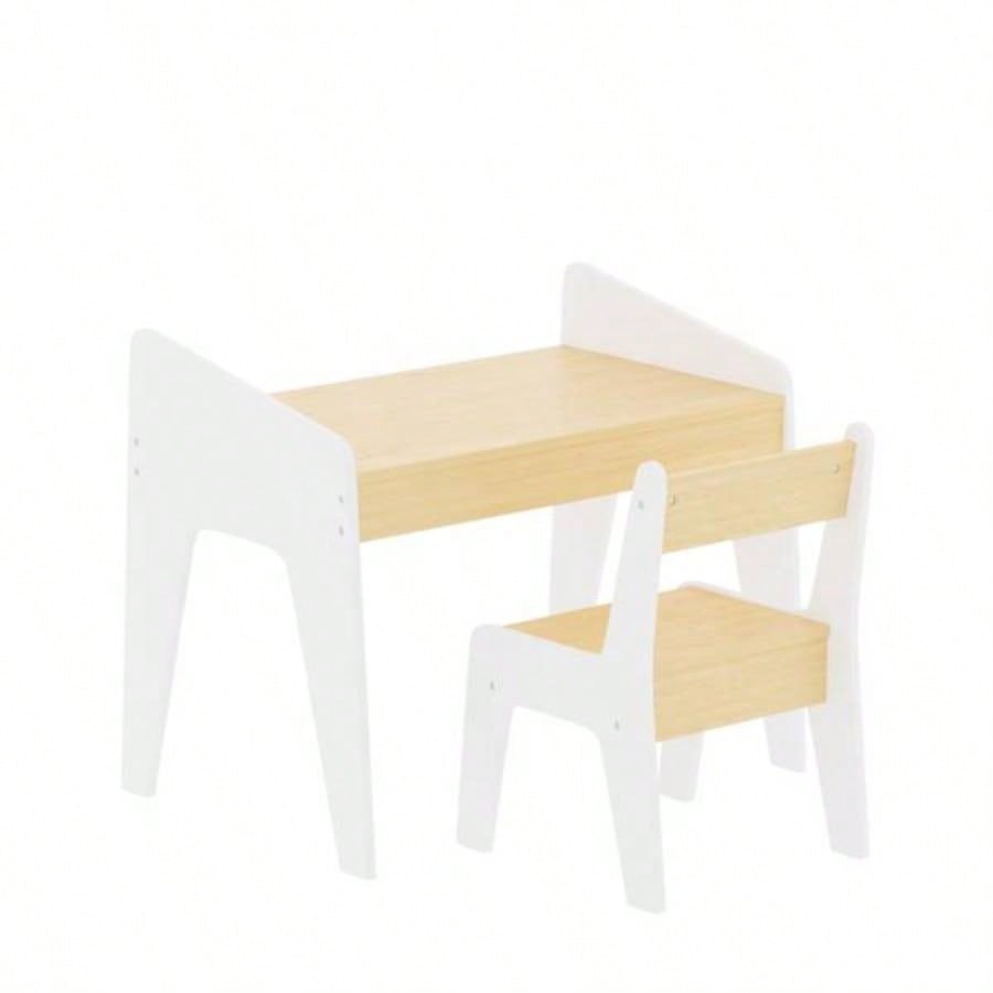 Kids Table Set with One Chair, Wooden Children Study Table, 2 - 8 Age Kids Funiture, White+Natural