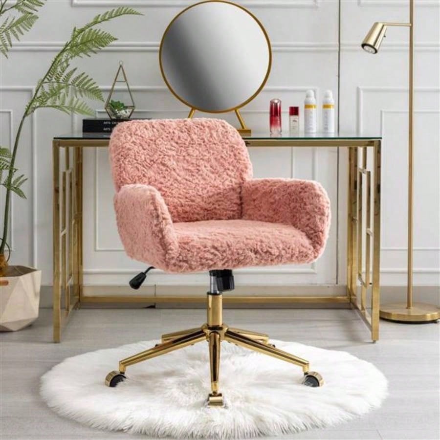 Furniture Office Chair, Artificial rabbit hair Home Office Chair with Golden Metal Base, Adjustable Desk Chair Swivel Office Chair, Vanity ChairPink