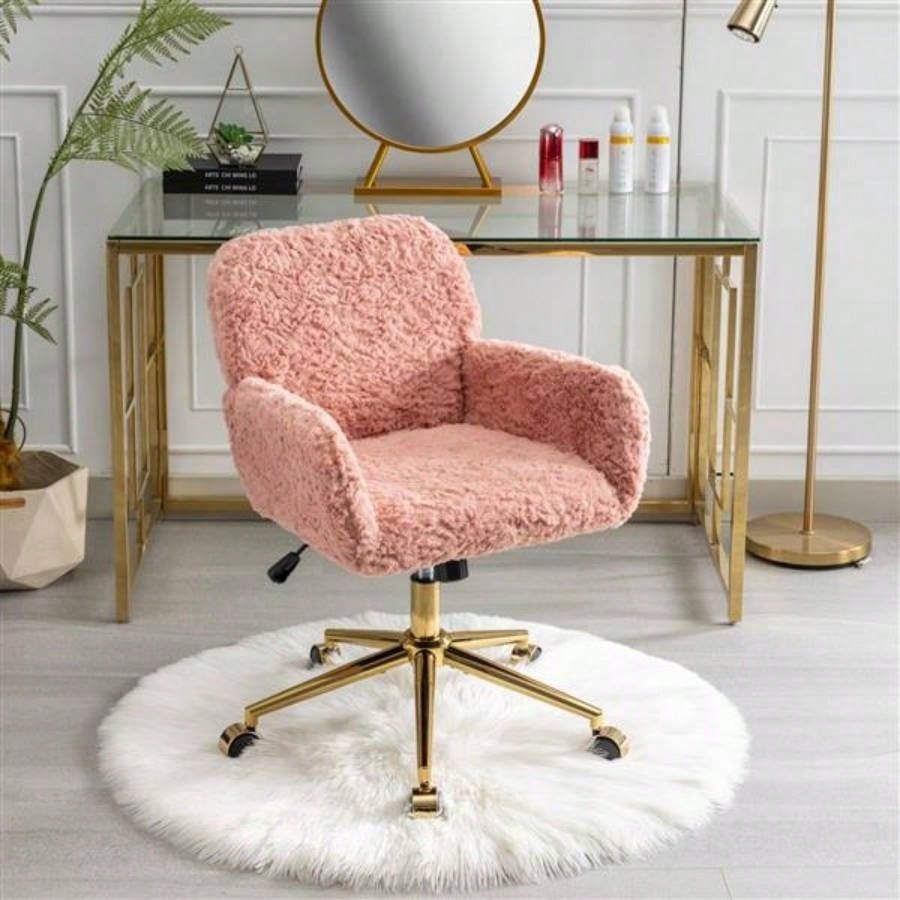 Furniture Office Chair, Artificial rabbit hair Home Office Chair with Golden Metal Base, Adjustable Desk Chair Swivel Office Chair, Vanity ChairPink