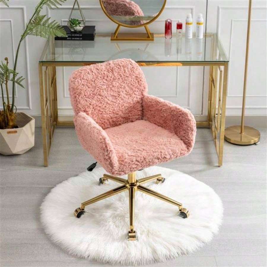 Furniture Office Chair, Artificial rabbit hair Home Office Chair with Golden Metal Base, Adjustable Desk Chair Swivel Office Chair, Vanity ChairPink
