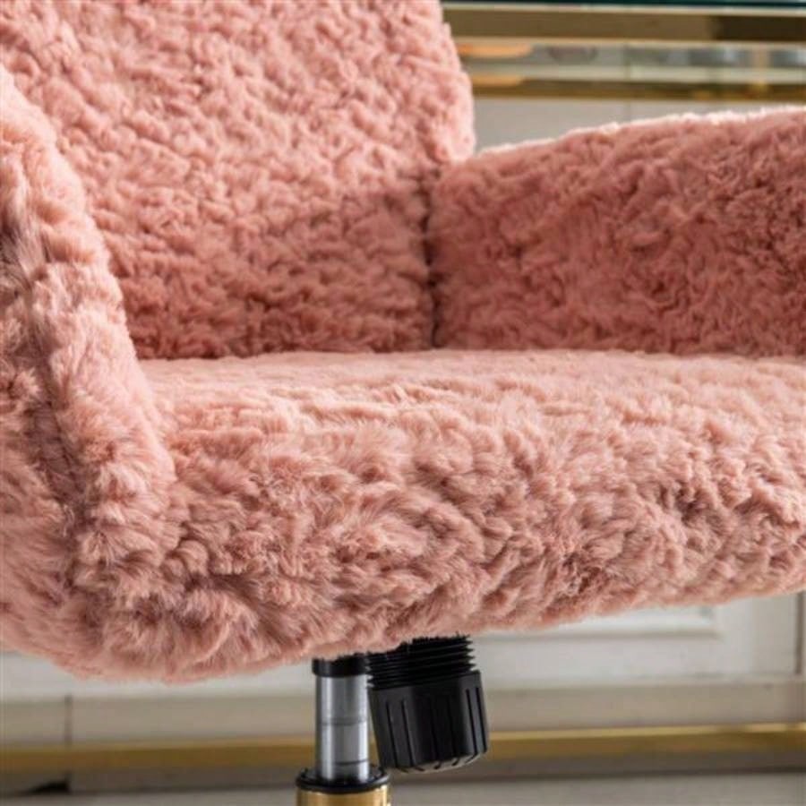 Furniture Office Chair, Artificial rabbit hair Home Office Chair with Golden Metal Base, Adjustable Desk Chair Swivel Office Chair, Vanity ChairPink