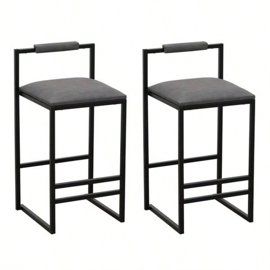 Set of 2 Counter Height Barstools Kitchen Island Stools with Back Modern Armless Metal PU Gray Upholstered Chairs Gray with Back