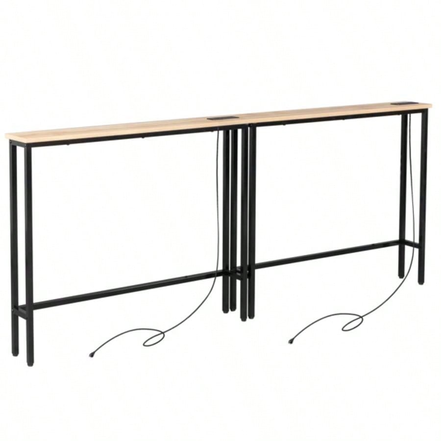 2 Pack 39.4 Narrow Console Sofa Table with Power Outlets and USB Ports, Long Couch Table with Metal Frame and Charge Station with 4.9ft Extension Cord, Oak