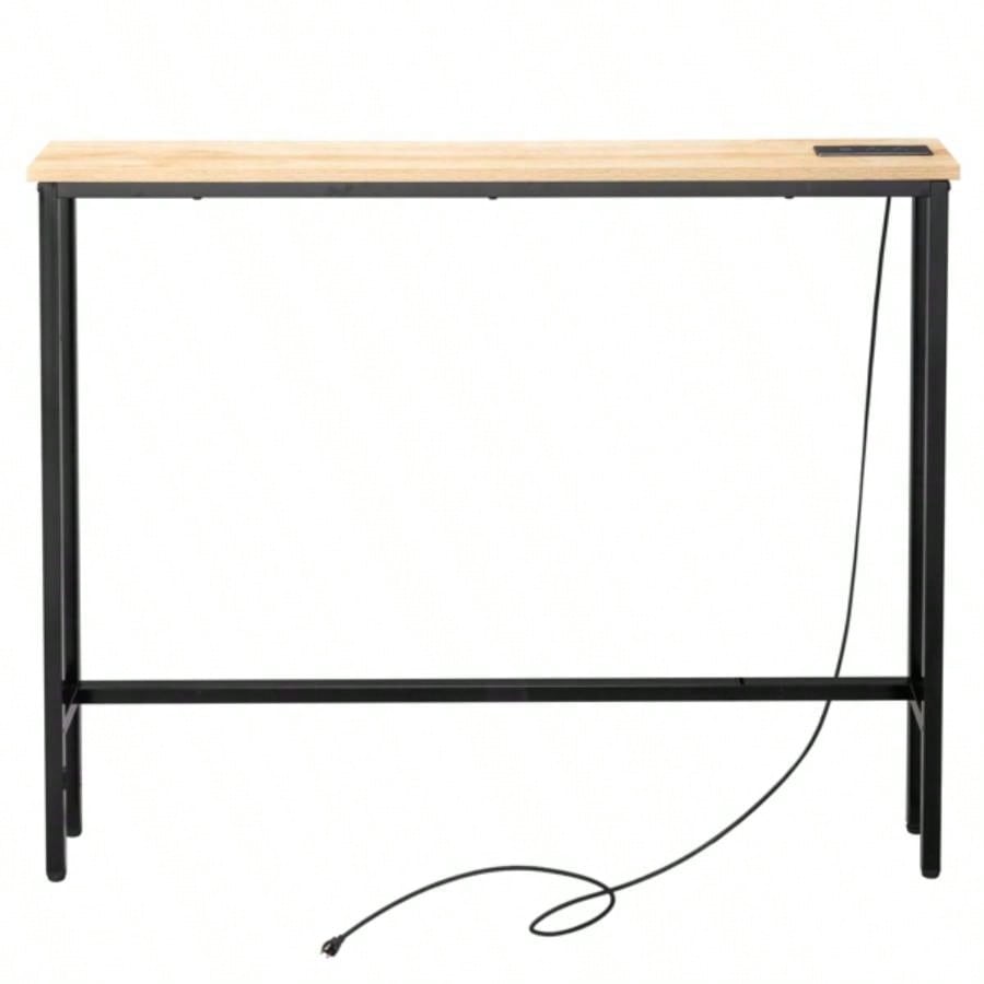 39.4 Narrow Console Sofa Table with Power Outlets and USB Ports, Couch Table with Metal Frame and Charge Station with 4.9ft Extension Cord, Oak