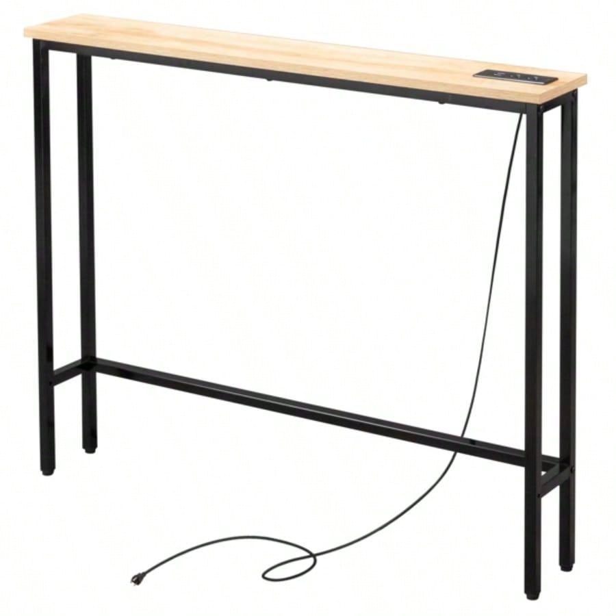 39.4 Narrow Console Sofa Table with Power Outlets and USB Ports, Couch Table with Metal Frame and Charge Station with 4.9ft Extension Cord, Oak