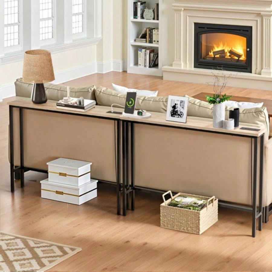 2 Pack 39.4 Narrow Console Sofa Table with Power Outlets and USB Ports, Long Couch Table with Metal Frame and Charge Station with 4.9ft Extension Cord, Oak