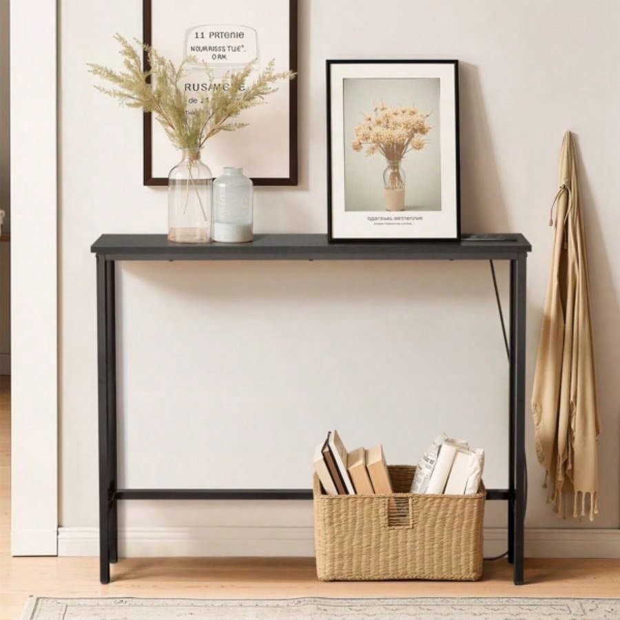 39.4 Narrow Console Sofa Table with Power Outlets and USB Ports, Couch Table with Metal Frame and Charge Station with 4.9ft Extension Cord, Black