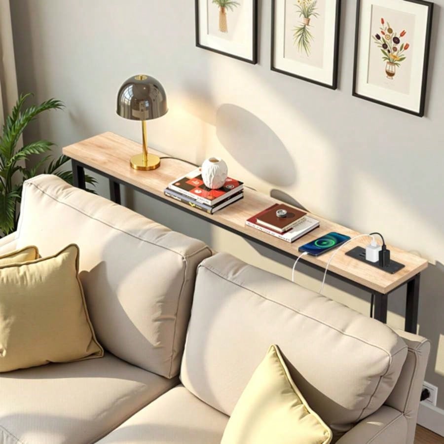 39.4 Narrow Console Sofa Table with Power Outlets and USB Ports, Couch Table with Metal Frame and Charge Station with 4.9ft Extension Cord, Oak