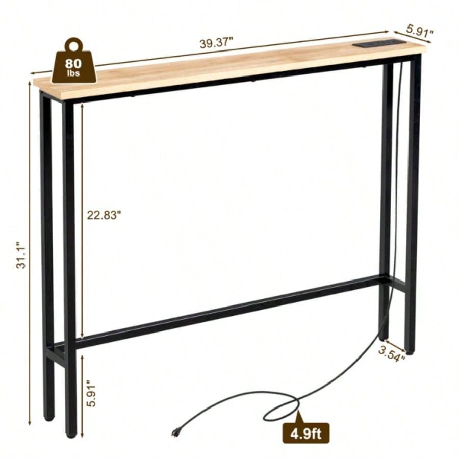 39.4 Narrow Console Sofa Table with Power Outlets and USB Ports, Couch Table with Metal Frame and Charge Station with 4.9ft Extension Cord, Oak