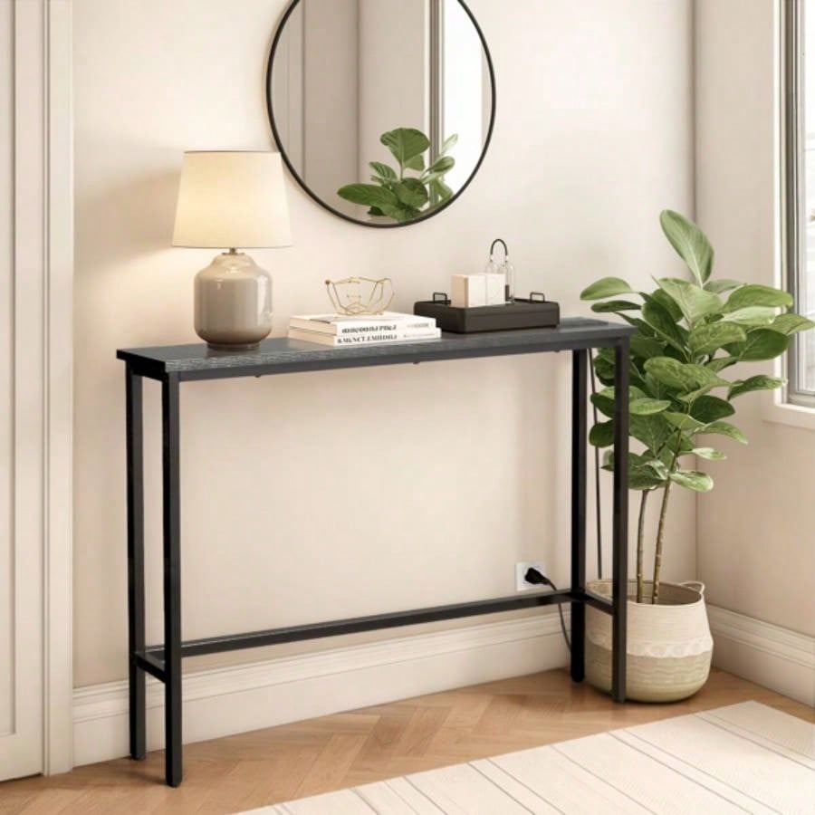 39.4 Narrow Console Sofa Table with Power Outlets and USB Ports, Couch Table with Metal Frame and Charge Station with 4.9ft Extension Cord, Black