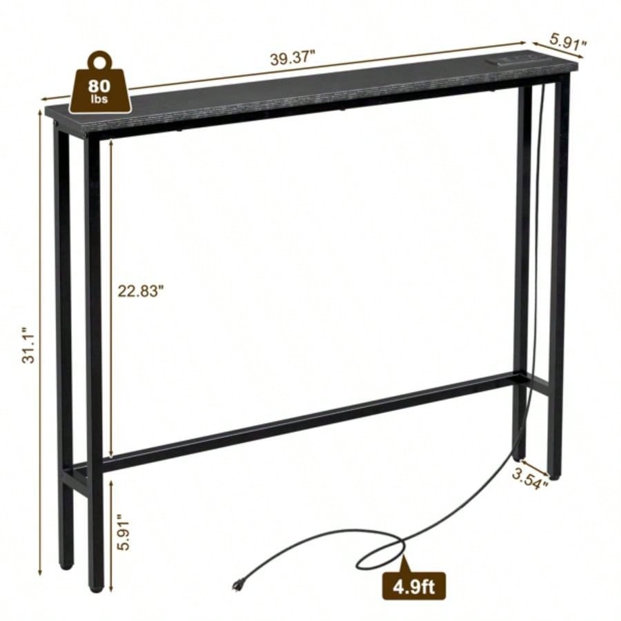 39.4 Narrow Console Sofa Table with Power Outlets and USB Ports, Couch Table with Metal Frame and Charge Station with 4.9ft Extension Cord, Black
