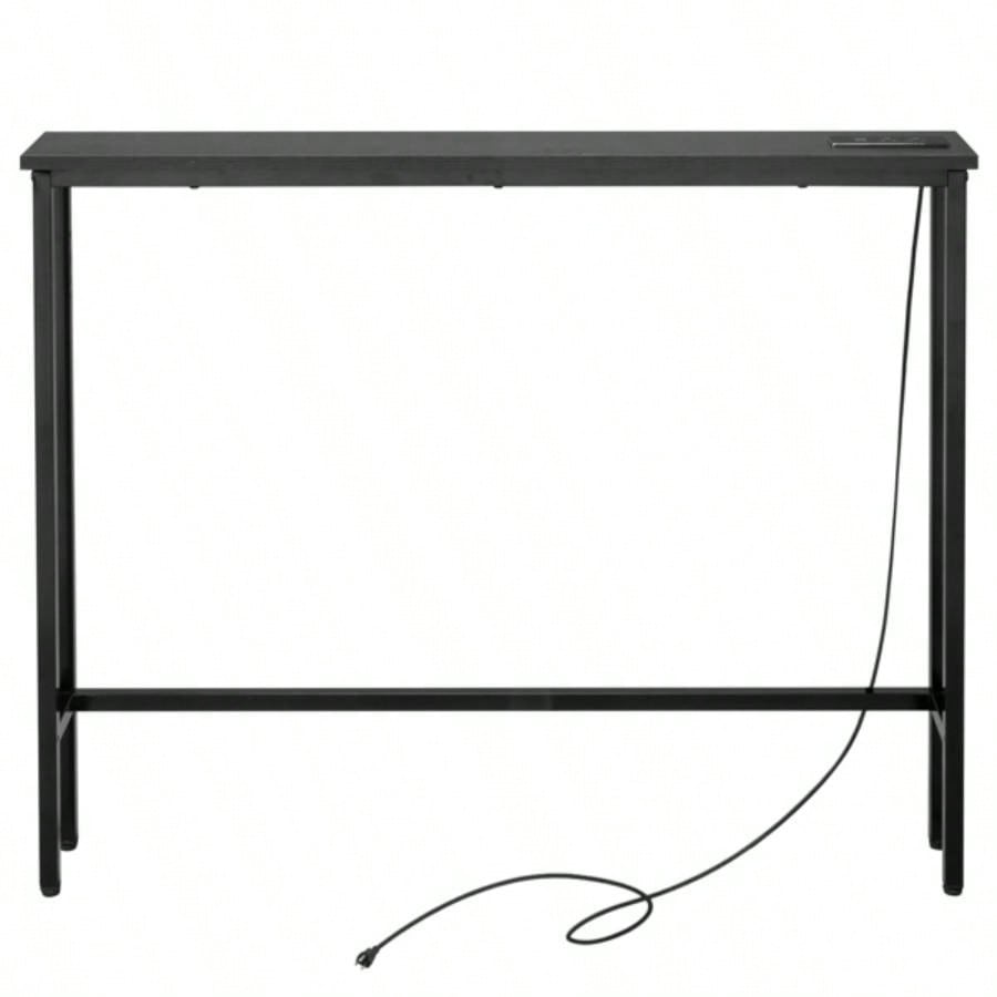 39.4 Narrow Console Sofa Table with Power Outlets and USB Ports, Couch Table with Metal Frame and Charge Station with 4.9ft Extension Cord, Black
