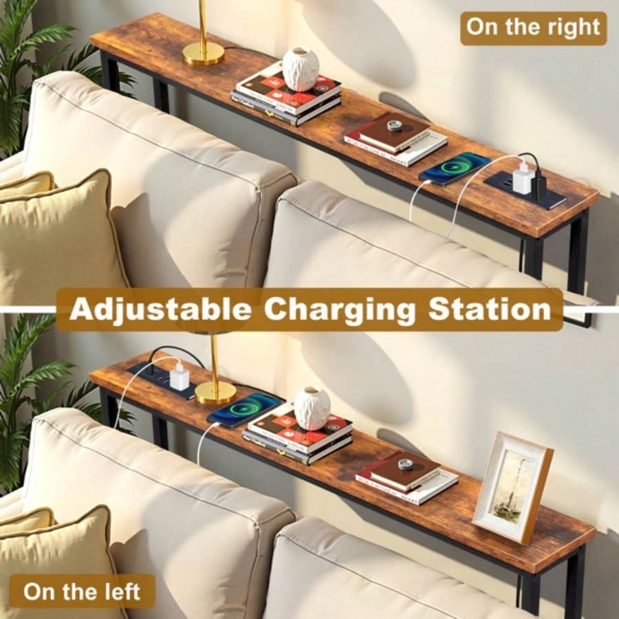 39.4 Narrow Console Sofa Table with Power Outlets and USB Ports, Couch Table with Metal Frame and Charge Station with 4.9ft Extension Cord, Rustic Brown