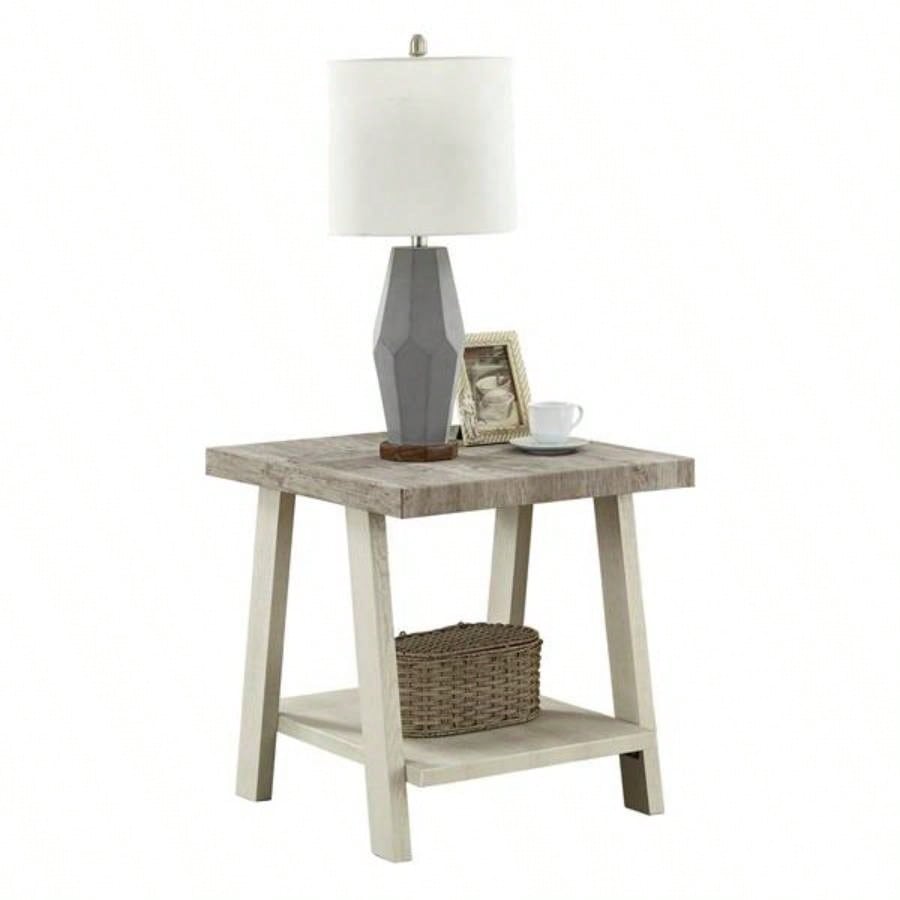 Athens Contemporary Two - Tone Wood Shelf End Table in Weathered Gray and Beige