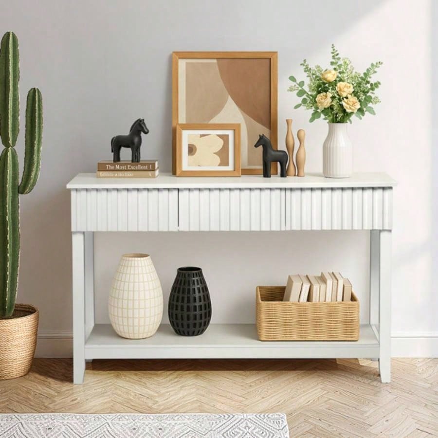 Modern Console Table with 3 Drawers and Open Storage Shelf, Entryway Table Narrow Long Sofa Table Hallway Foyer Table Behind Couch Table, White