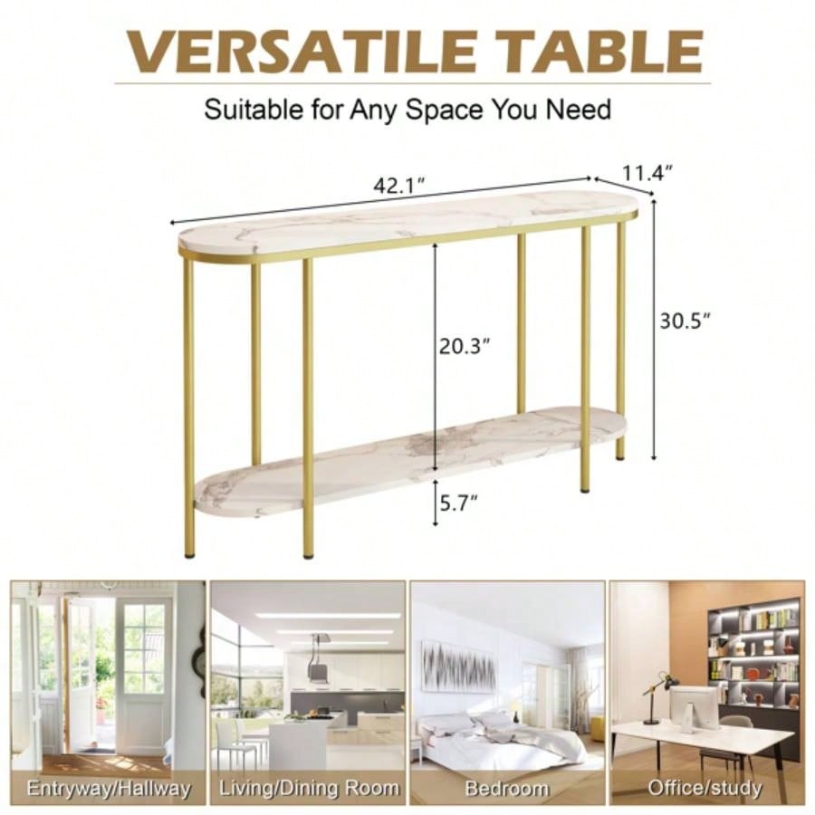 Old Code22504192Console Table 2 Tier Narrow Entryway Table with Storage Shelves Faux Marble Narrow Table Living Bedroom Hallway Office Easy Assembly, Gold White
