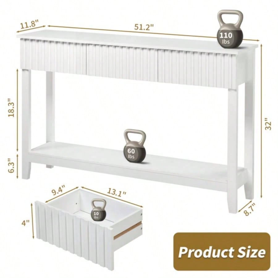 Modern Console Table with 3 Drawers and Open Storage Shelf, Entryway Table Narrow Long Sofa Table Hallway Foyer Table Behind Couch Table, White