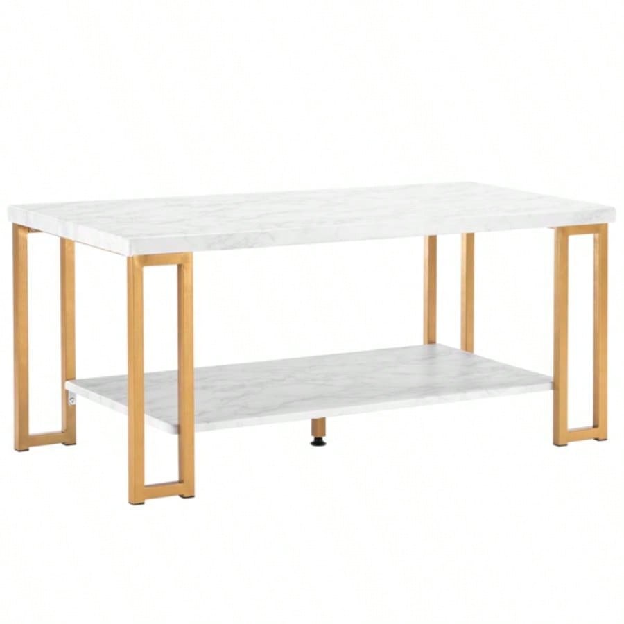 106x 50x 48cm Simple Double - layer Golden Iron Pipe Marble PVC Coffee Table Rectangular