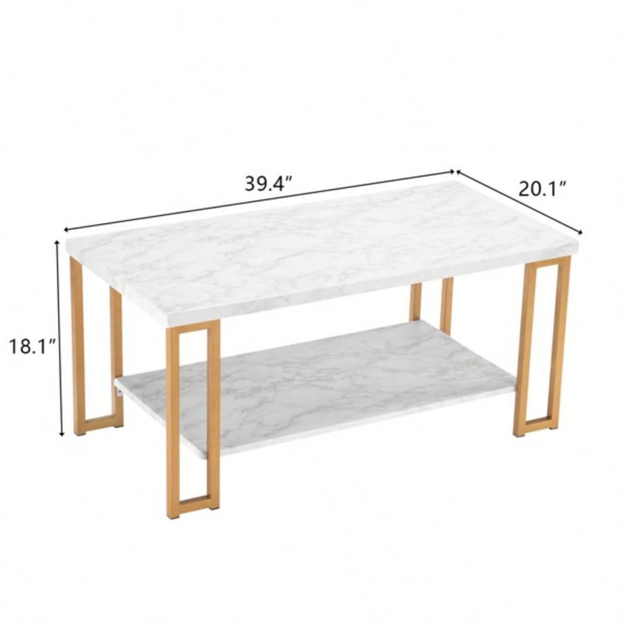 106x 50x 48cm Simple Double - layer Golden Iron Pipe Marble PVC Coffee Table Rectangular