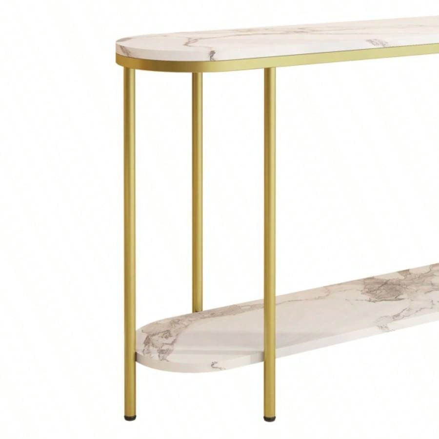 Old Code22504192Console Table 2 Tier Narrow Entryway Table with Storage Shelves Faux Marble Narrow Table Living Bedroom Hallway Office Easy Assembly, Gold White