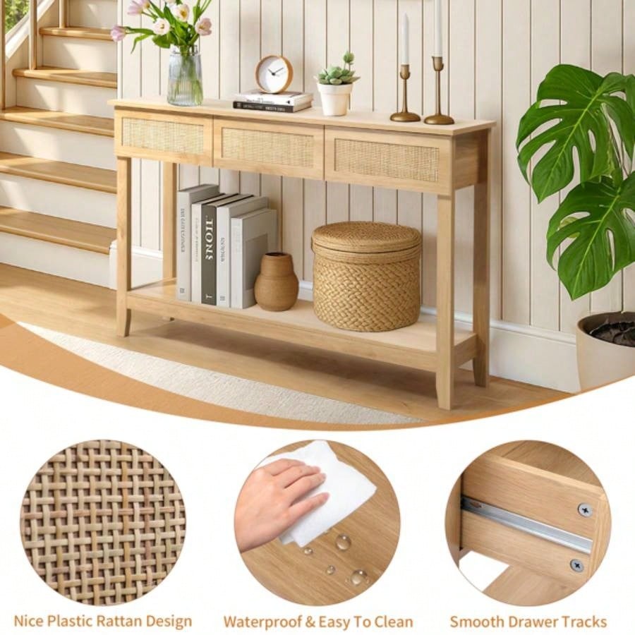 Boho Style Rattan Console Table with 3 Drawers and Open Storage Shelf, Entryway Table Narrow Long Sofa Table Hallway Foyer Table Behind Couch Table, Natural Wood