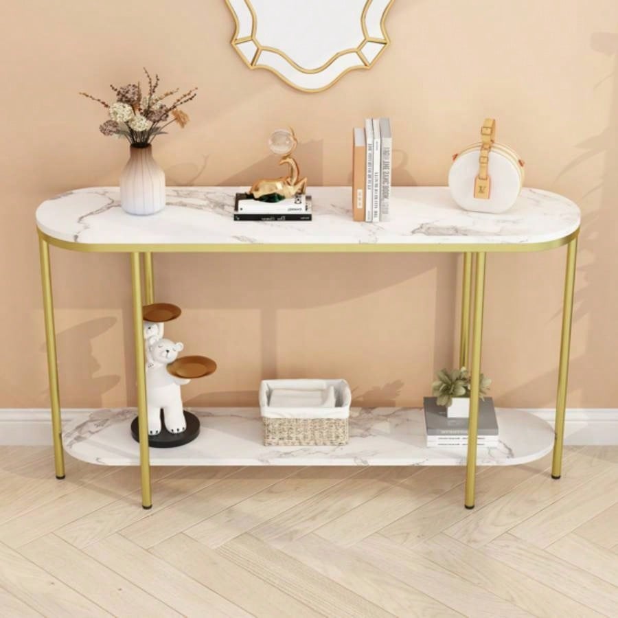 Old Code22504192Console Table 2 Tier Narrow Entryway Table with Storage Shelves Faux Marble Narrow Table Living Bedroom Hallway Office Easy Assembly, Gold White