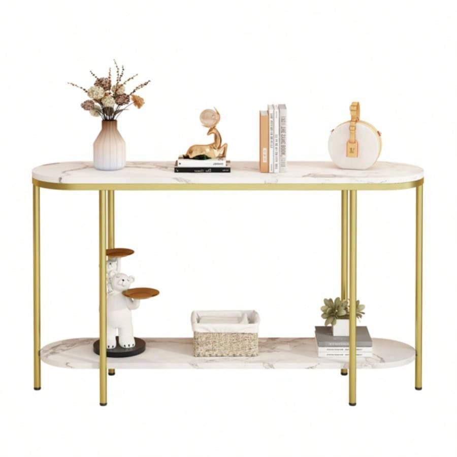 Old Code22504192Console Table 2 Tier Narrow Entryway Table with Storage Shelves Faux Marble Narrow Table Living Bedroom Hallway Office Easy Assembly, Gold White